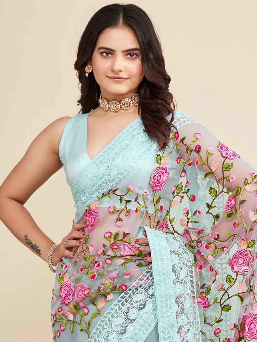 Sky Blue Mono Banglory Silk Embroidered Reception Party Heavy Border Saree