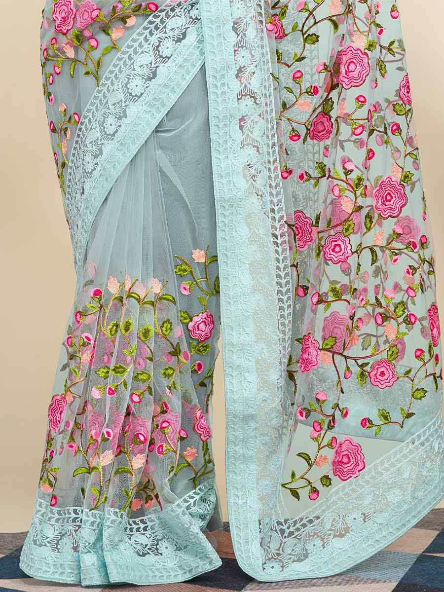 Sky Blue Mono Banglory Silk Embroidered Reception Party Heavy Border Saree