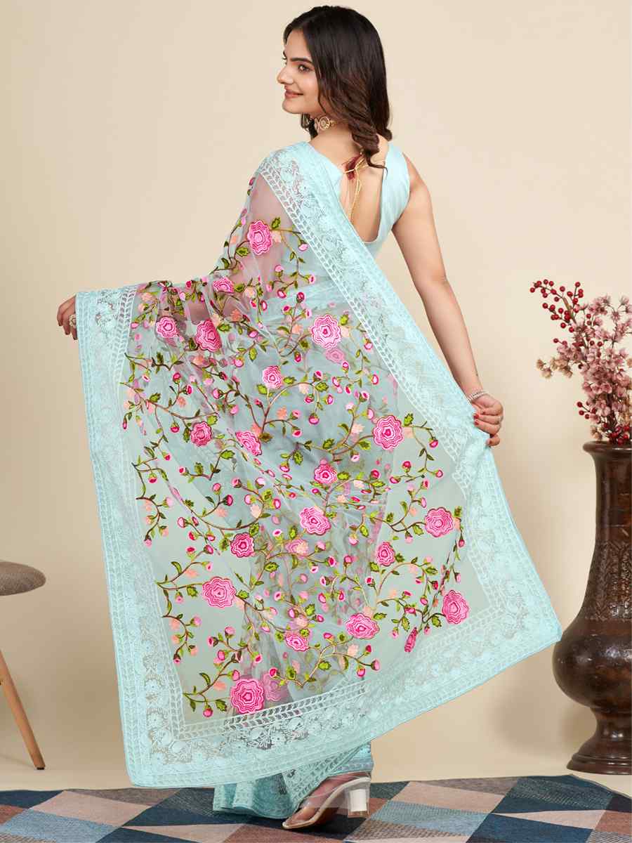 Sky Blue Mono Banglory Silk Embroidered Reception Party Heavy Border Saree