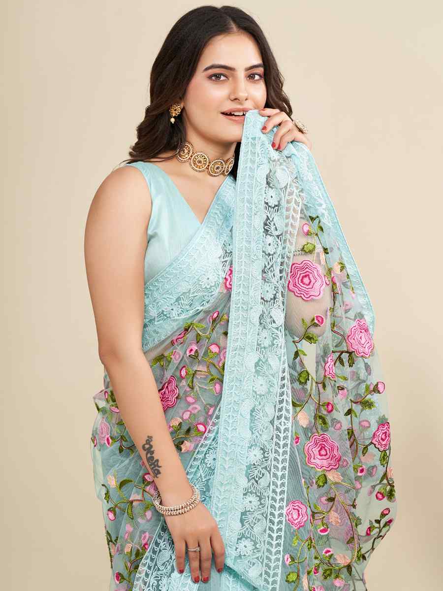 Sky Blue Mono Banglory Silk Embroidered Reception Party Heavy Border Saree