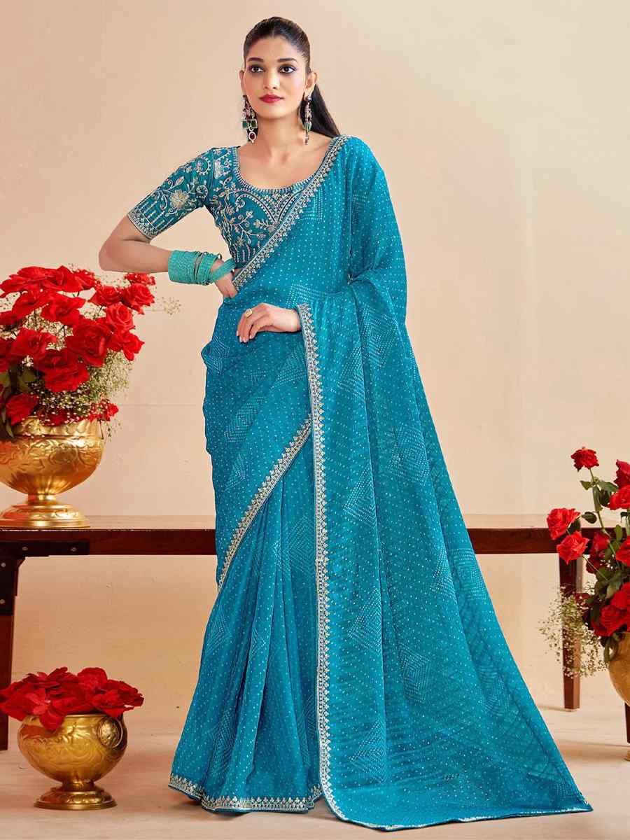 Sky Blue Moss Chiffon Embroidery Party Bridal Reception Festival Wedding Fancy Heavy Border Saree
