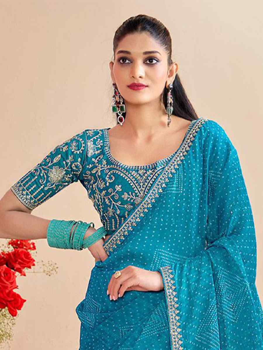 Sky Blue Moss Chiffon Embroidery Party Bridal Reception Festival Wedding Fancy Heavy Border Saree