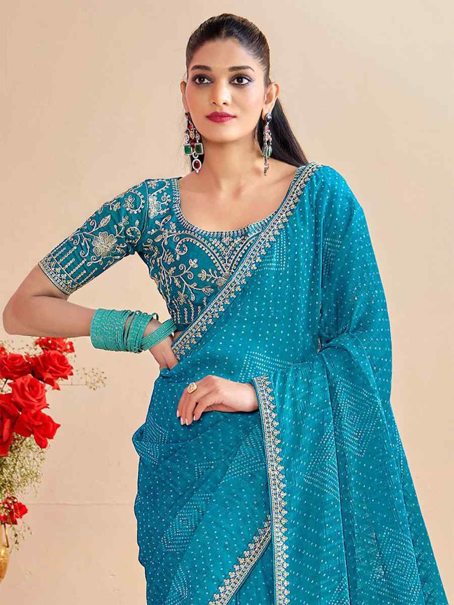 Sky Blue Moss Chiffon Embroidery Party Bridal Reception Festival Wedding Fancy Heavy Border Saree