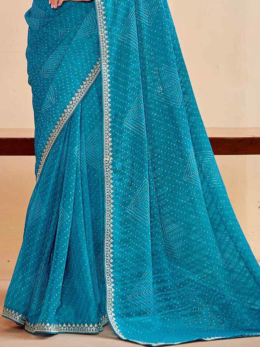 Sky Blue Moss Chiffon Embroidery Party Bridal Reception Festival Wedding Fancy Heavy Border Saree
