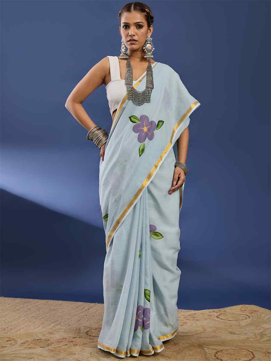Sky Blue Mulmul Cotton Printed Traditional Casual Reception Festival Fastive Fancy Classic Style Sarees