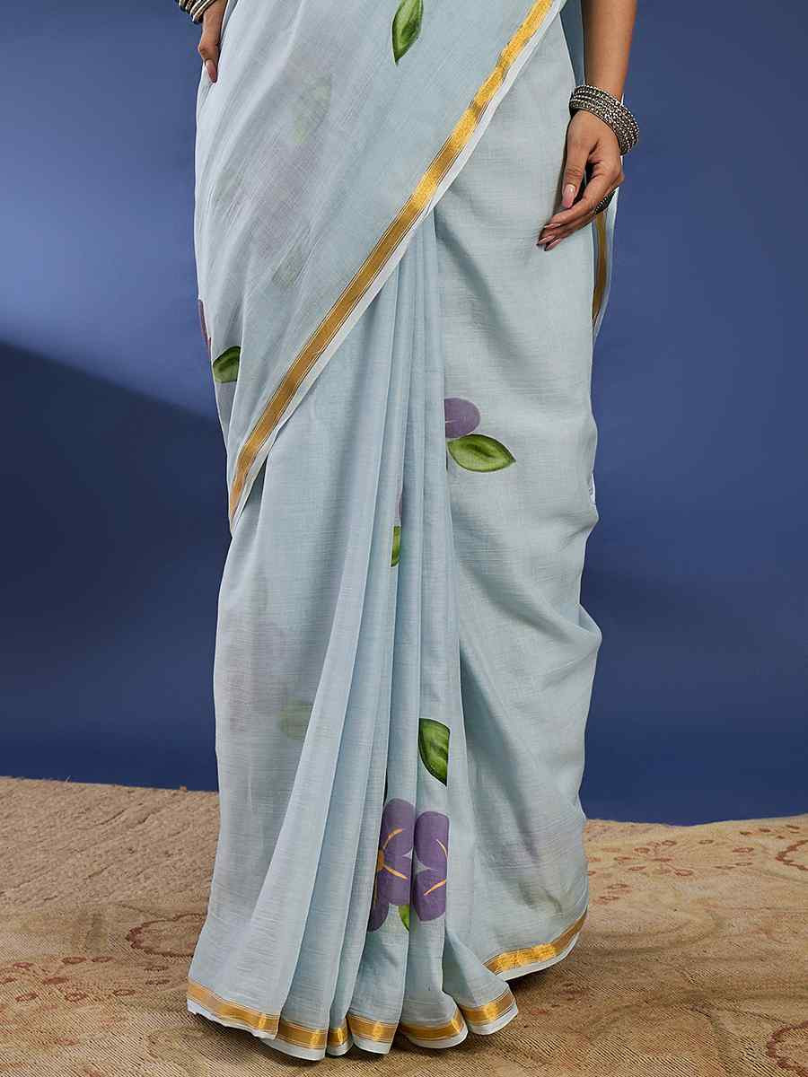 Sky Blue Mulmul Cotton Printed Traditional Casual Reception Festival Fastive Fancy Classic Style Sarees