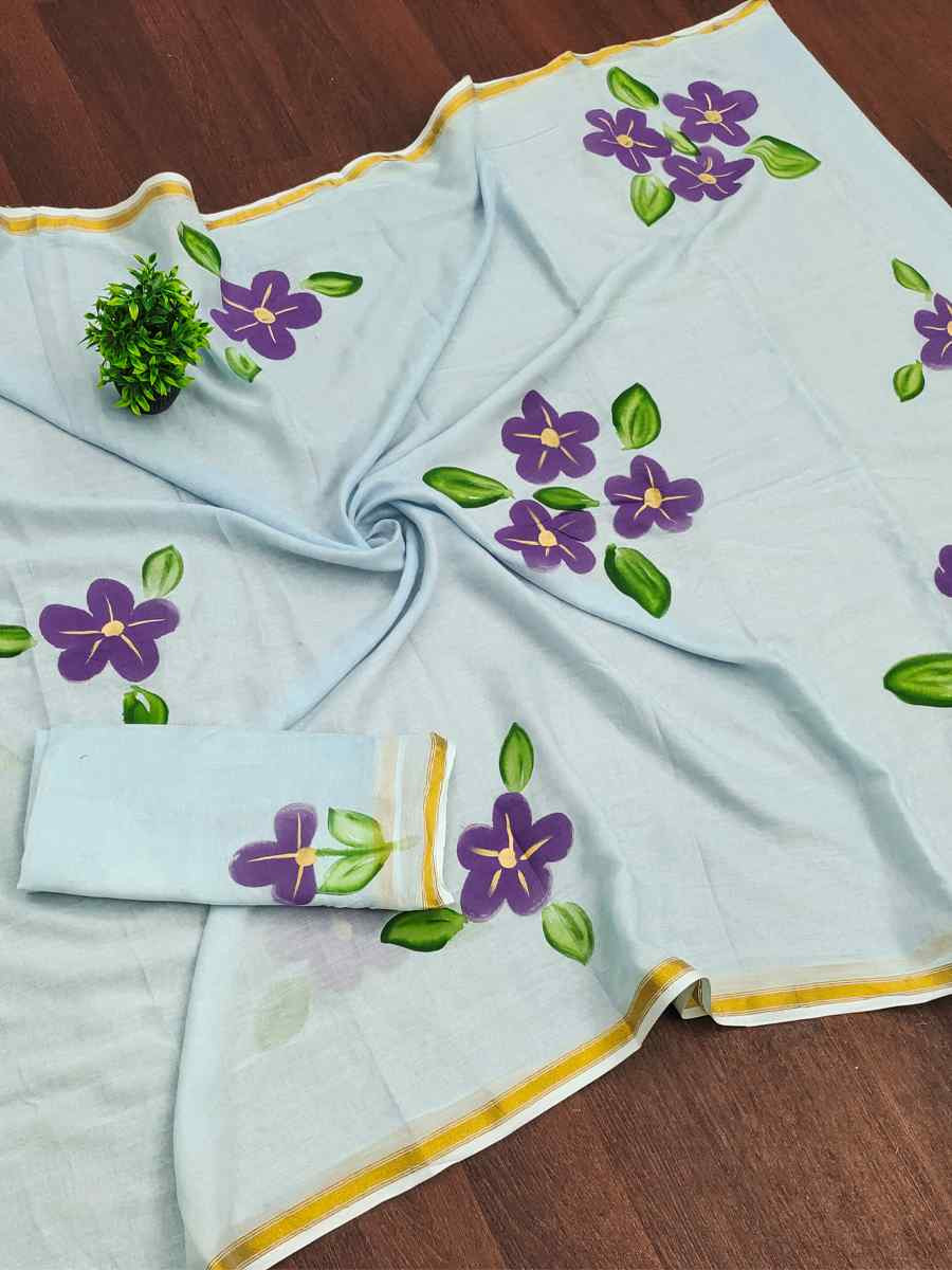Sky Blue Mulmul Cotton Printed Traditional Casual Reception Festival Fastive Fancy Classic Style Sarees