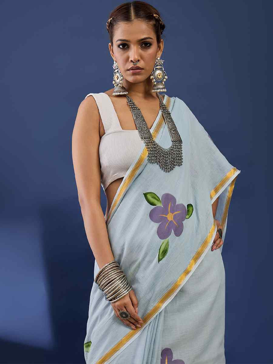 Sky Blue Mulmul Cotton Printed Traditional Casual Reception Festival Fastive Fancy Classic Style Sarees