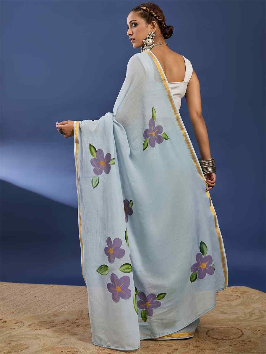 Sky Blue Mulmul Cotton Printed Traditional Casual Reception Festival Fastive Fancy Classic Style Sarees