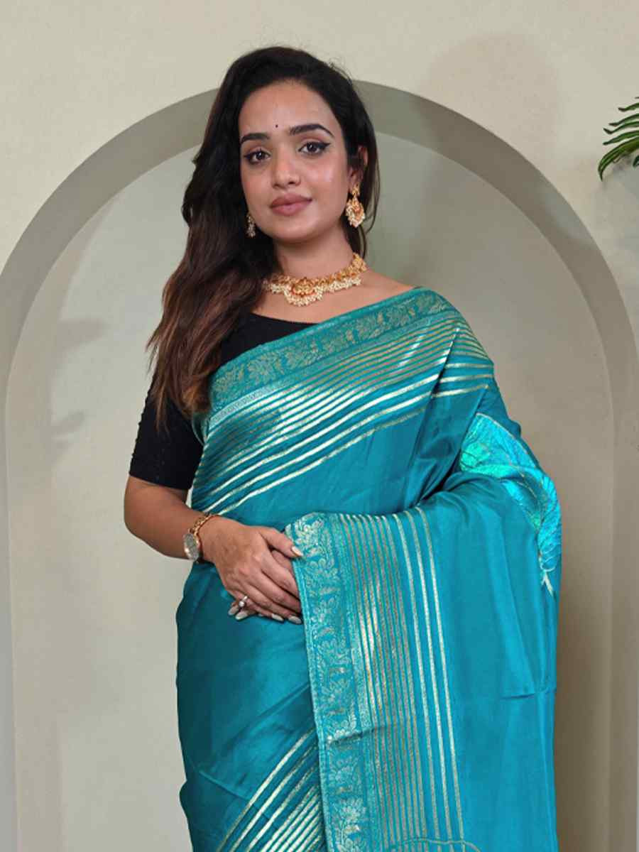 Sky Blue Munga Silk Handwoven Festival Wedding Fancy Heavy Border Saree