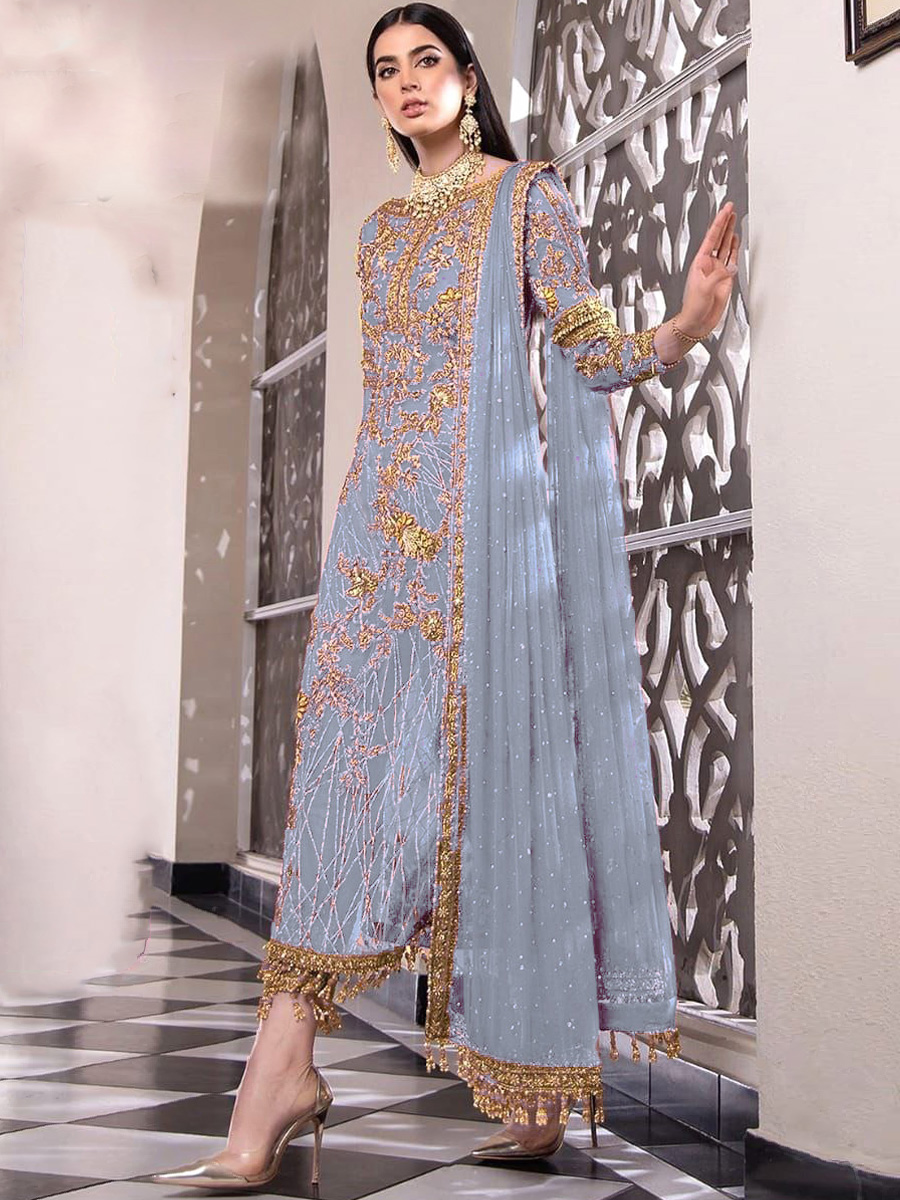Sky Blue Net Embroidered Festival Party Pant Salwar Kameez
