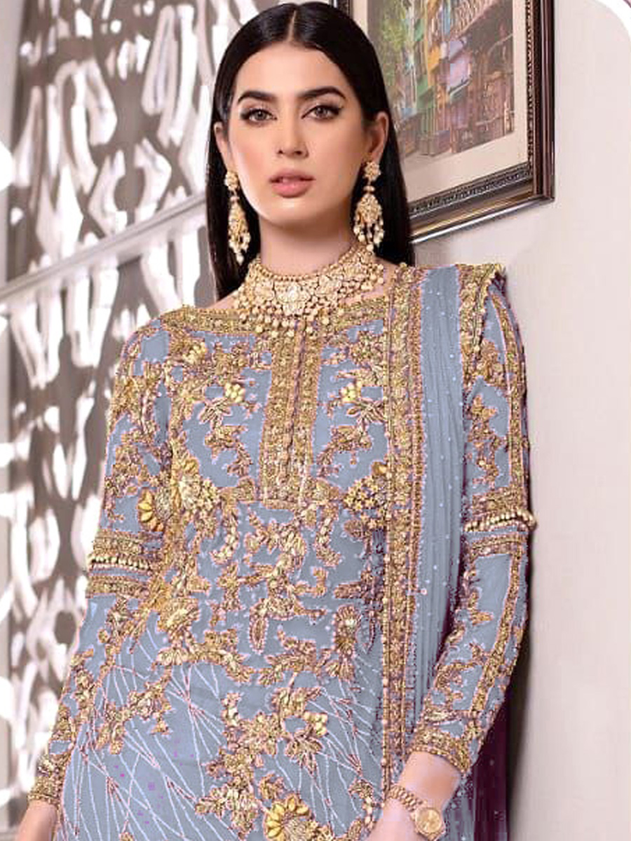 Sky Blue Net Embroidered Festival Party Pant Salwar Kameez