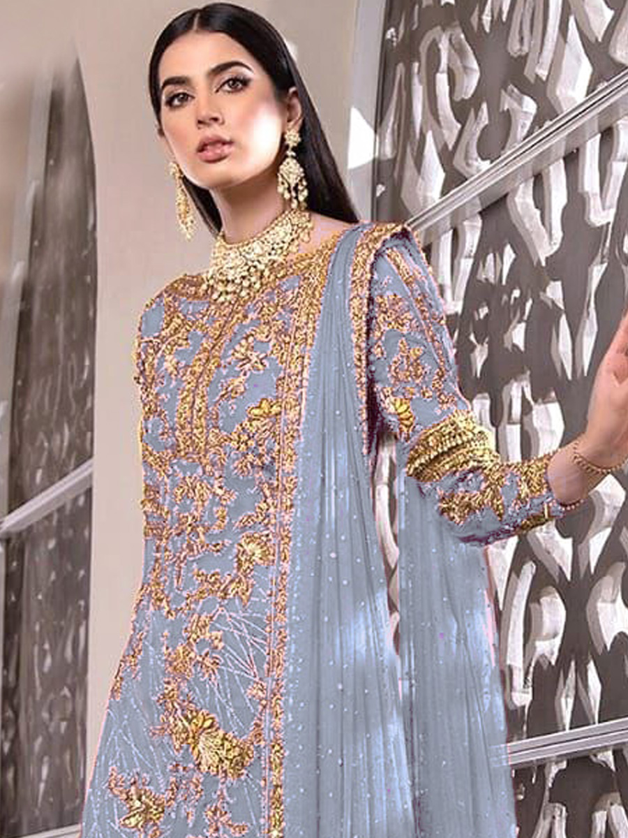 Sky Blue Net Embroidered Festival Party Pant Salwar Kameez