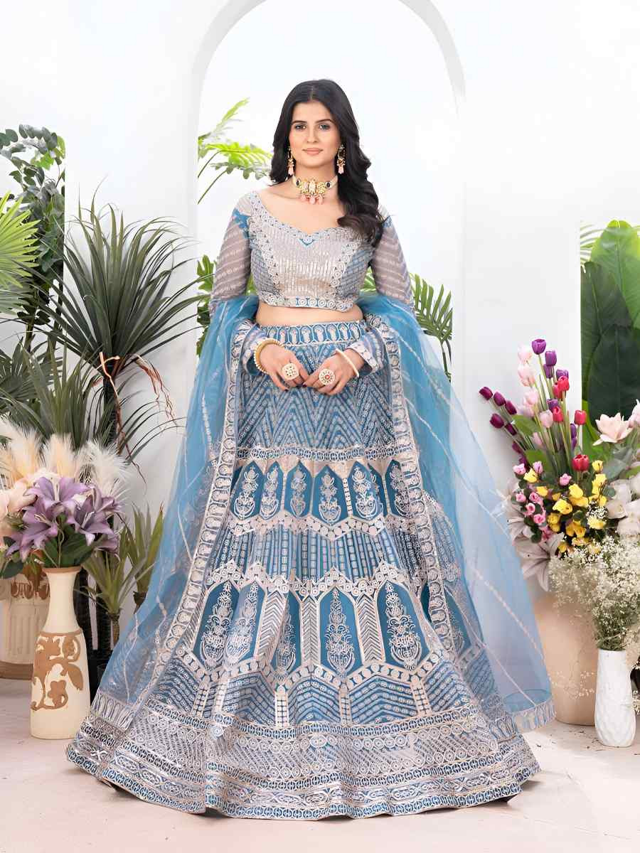 Sky blue Net Embroidered Wedding Festival Heavy Border Lehenga Choli