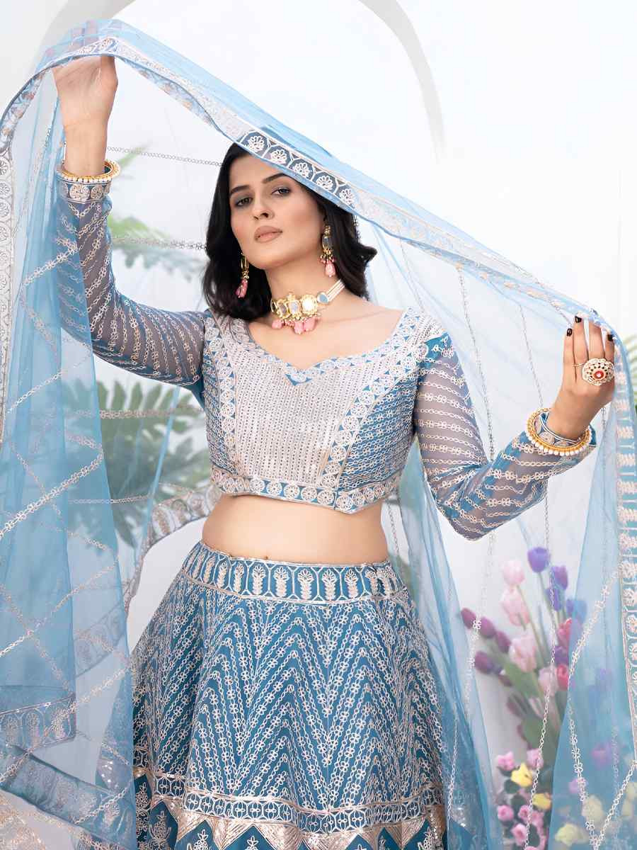 Sky blue Net Embroidered Wedding Festival Heavy Border Lehenga Choli