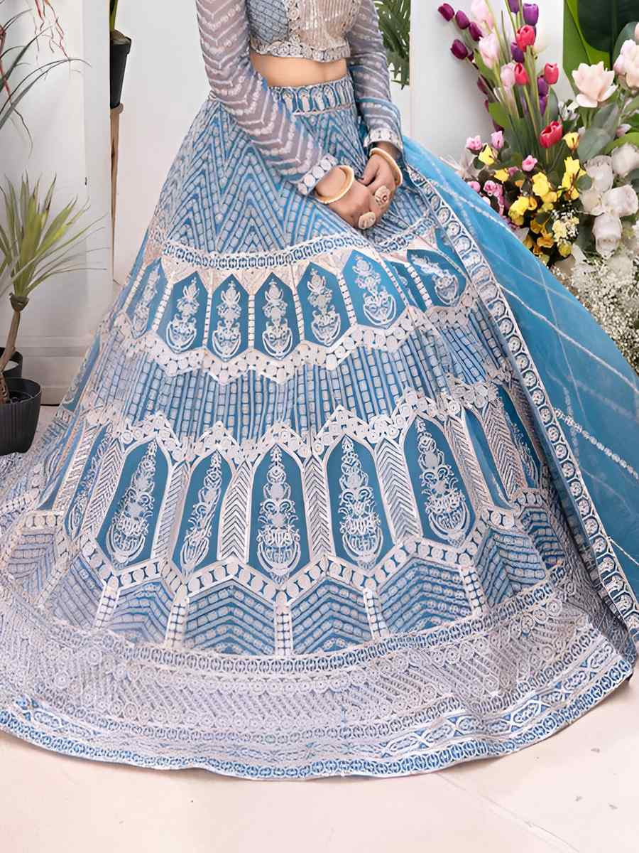 Sky blue Net Embroidered Wedding Festival Heavy Border Lehenga Choli