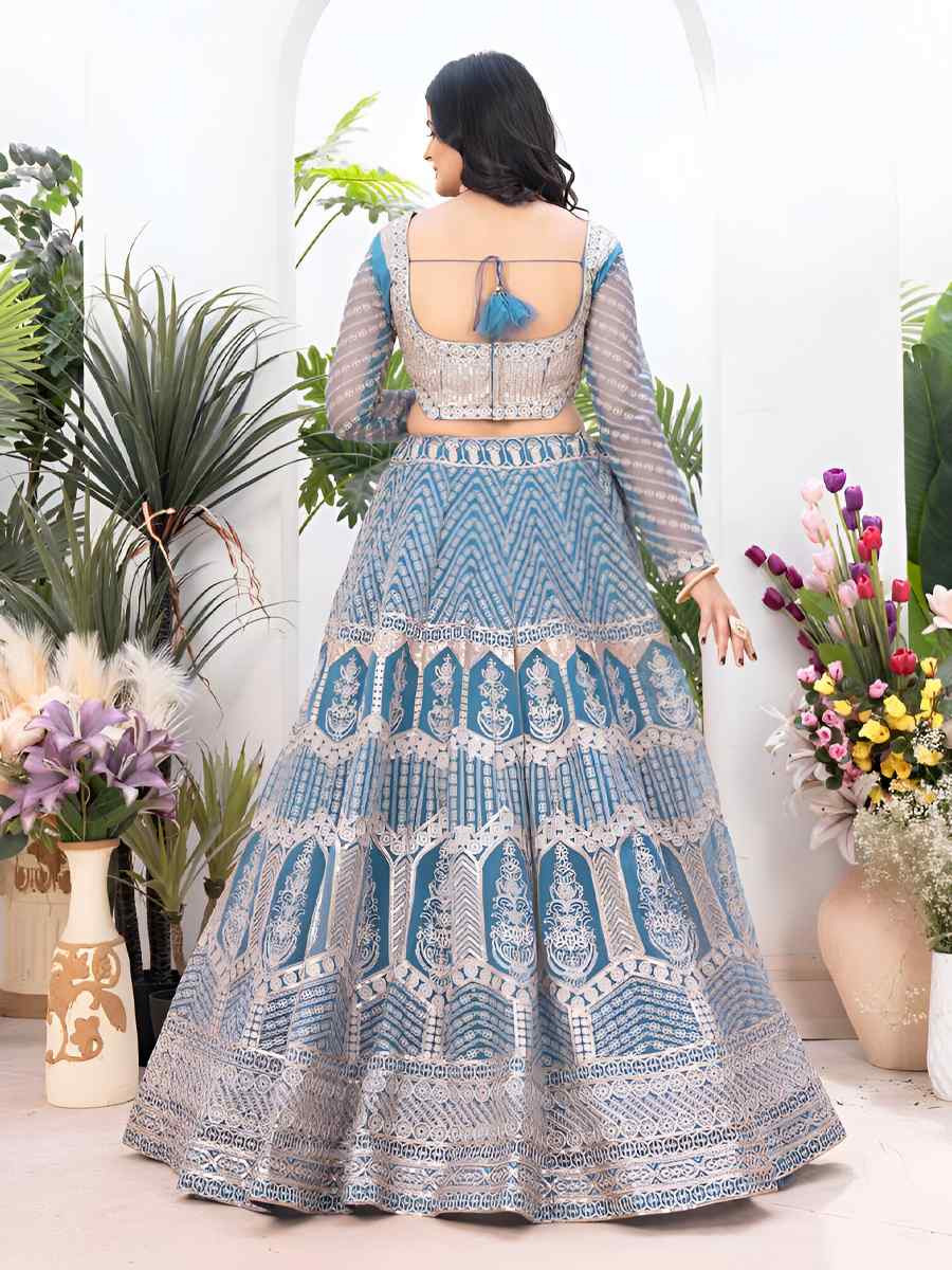 Sky blue Net Embroidered Wedding Festival Heavy Border Lehenga Choli