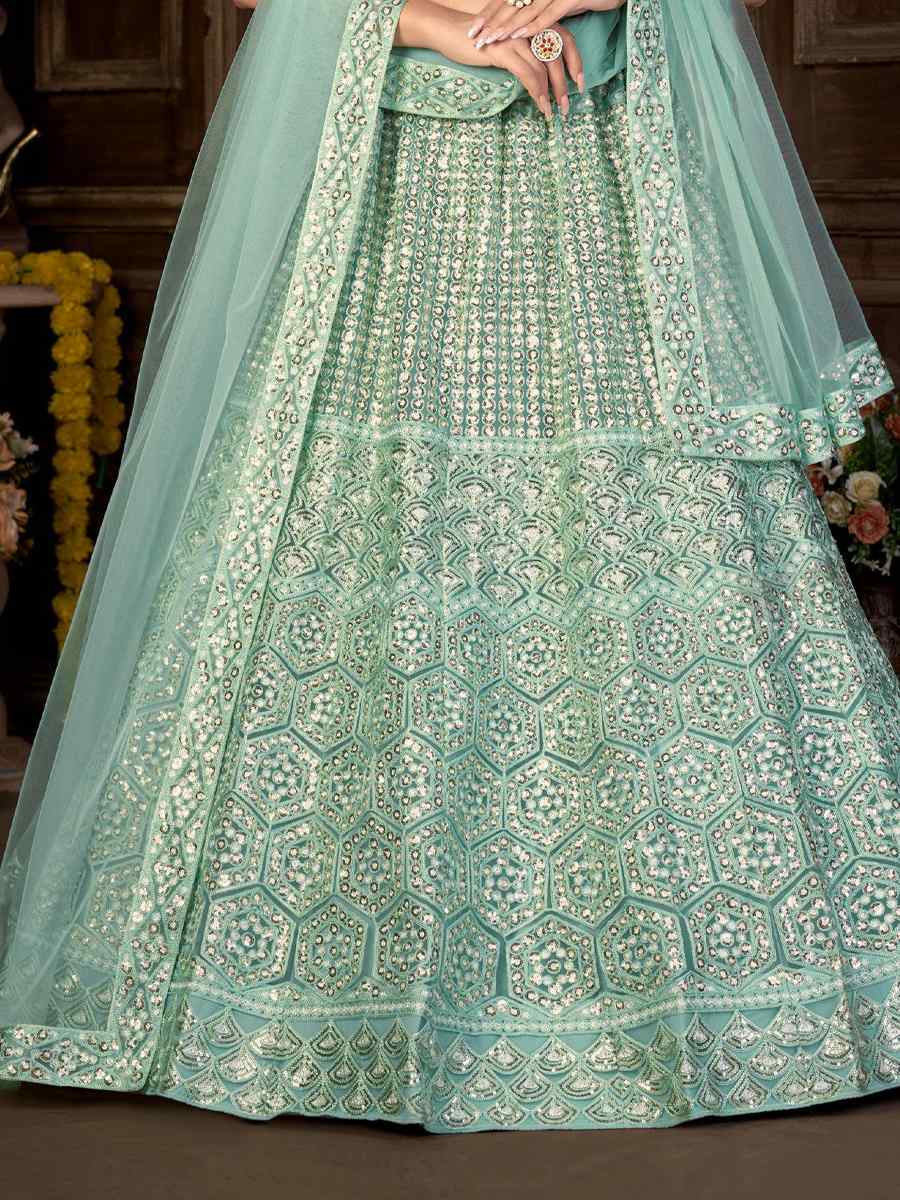 Sky Blue Net Embroidered Wedding Festival Heavy Border Lehenga Choli