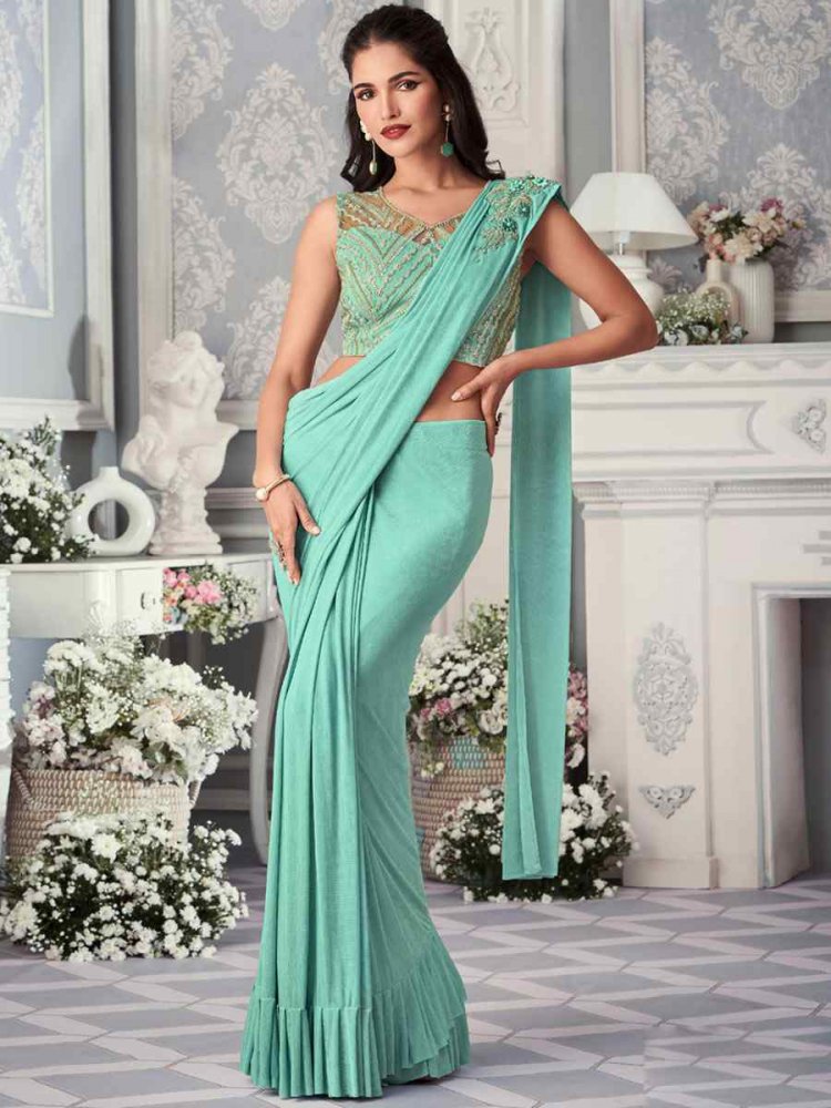 Sky Blue Net Embroidered Wedding Party Heavy Border Saree