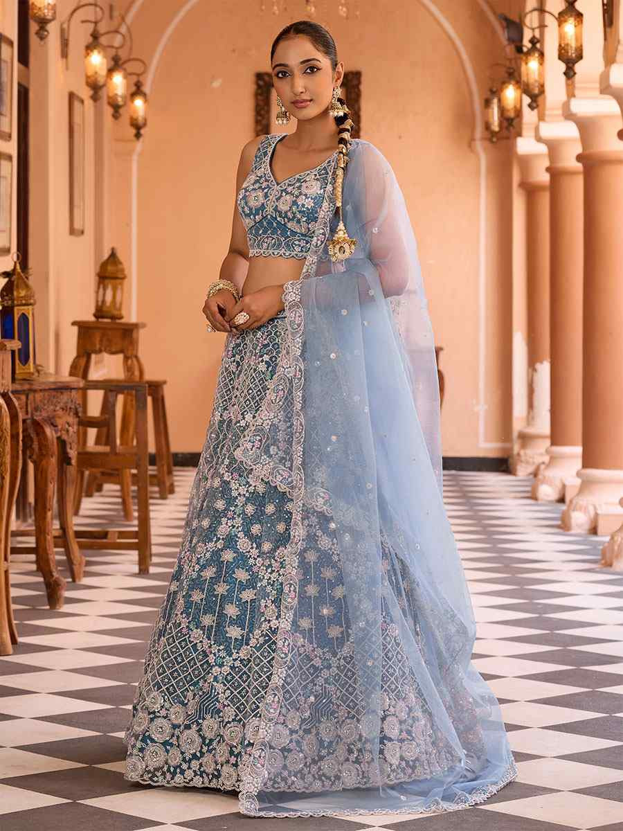 Sky Blue Net Embroidered Wedding Reception Festival Heavy Border Lehenga Choli