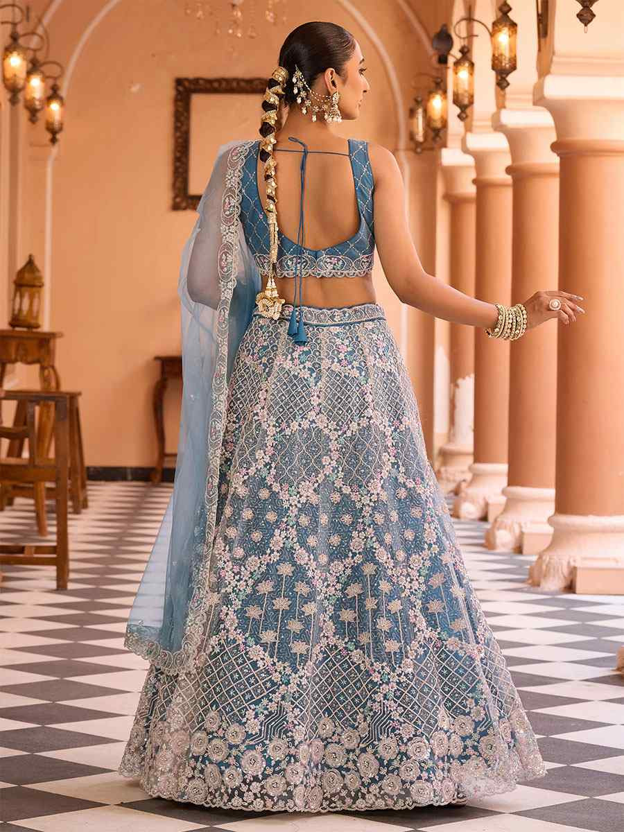 Sky Blue Net Embroidered Wedding Reception Festival Heavy Border Lehenga Choli