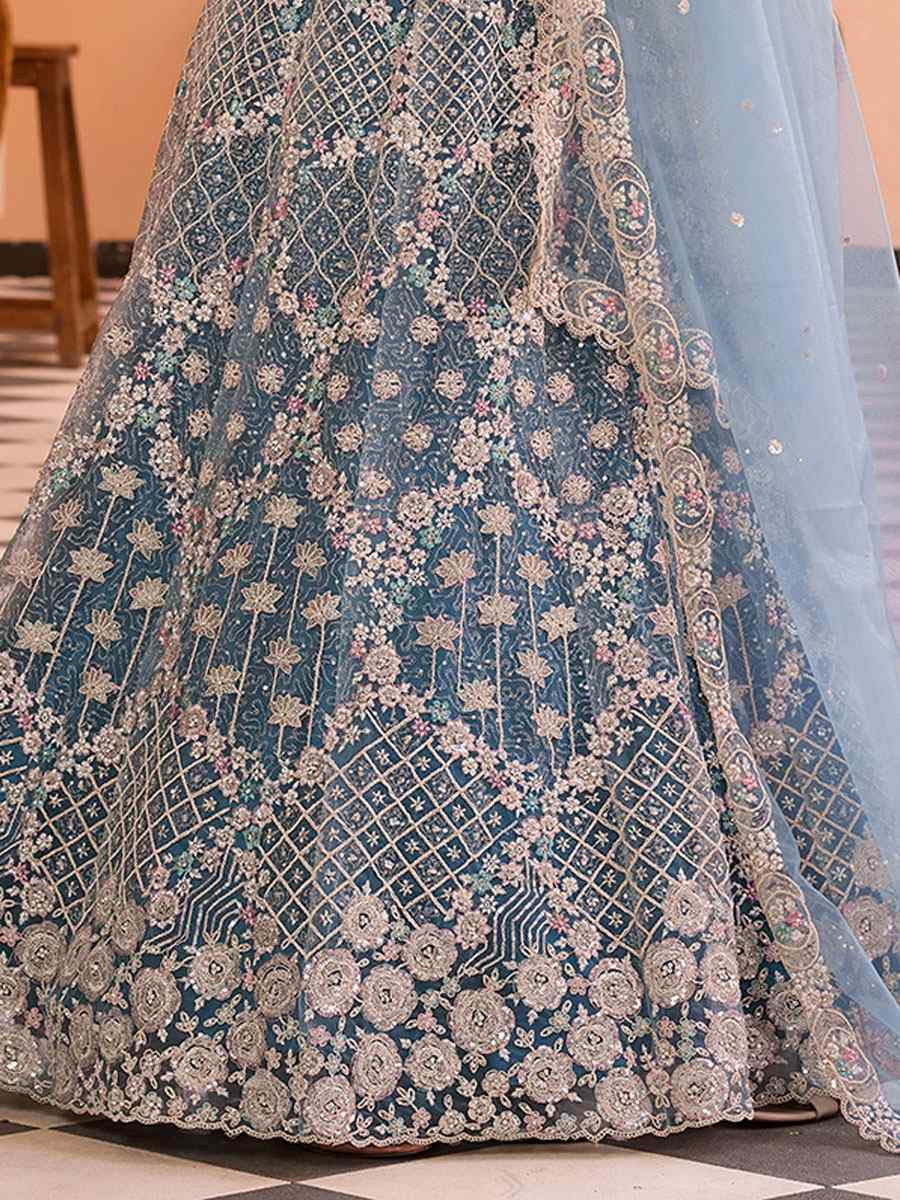 Sky Blue Net Embroidered Wedding Reception Festival Heavy Border Lehenga Choli