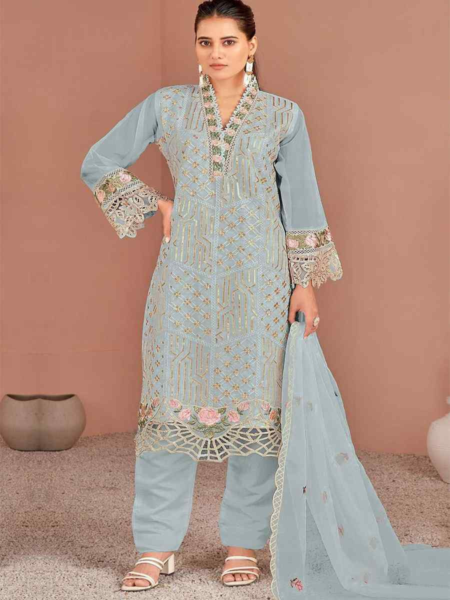 Sky Blue Nylon Organza Embroidered Festival Wedding Pant Salwar Kameez