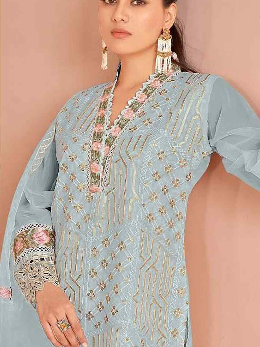 Sky Blue Nylon Organza Embroidered Festival Wedding Pant Salwar Kameez