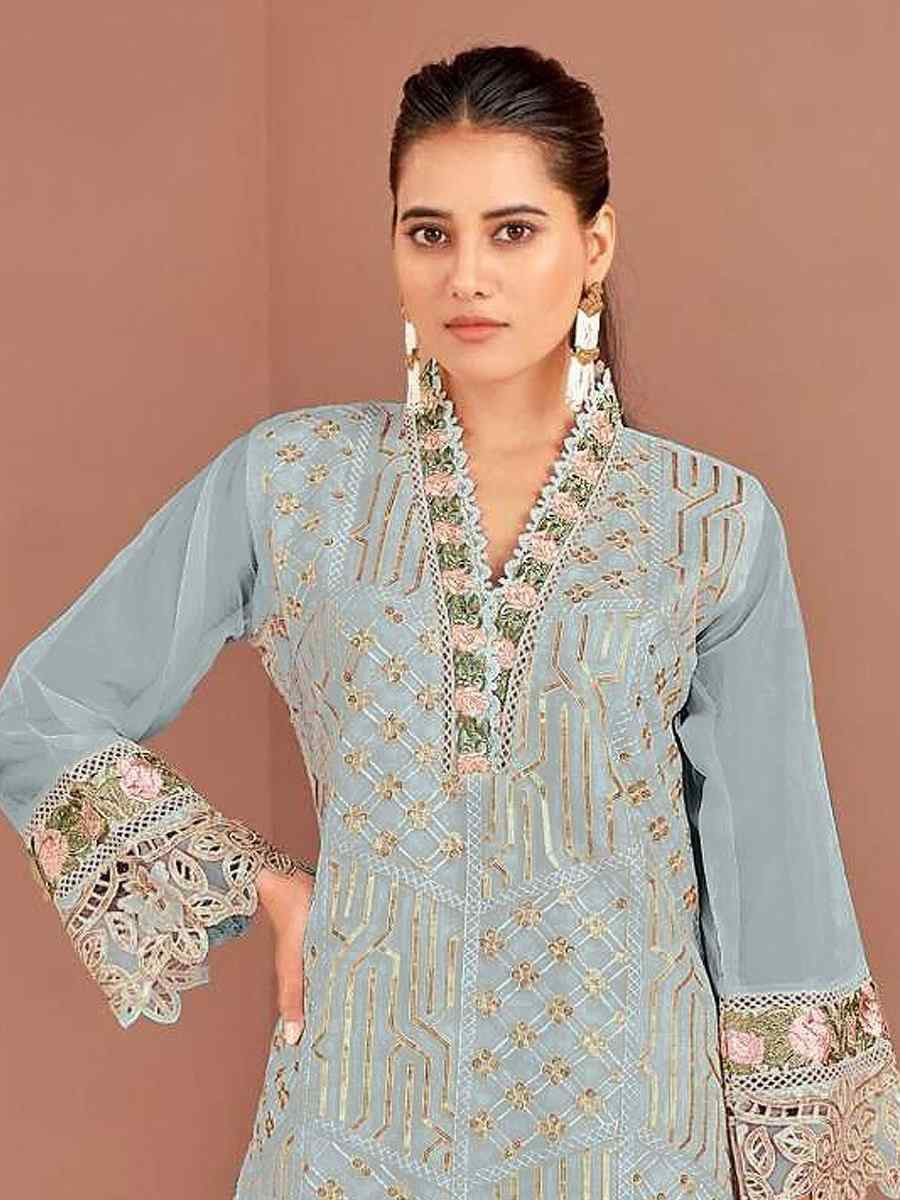 Sky Blue Nylon Organza Embroidered Festival Wedding Pant Salwar Kameez