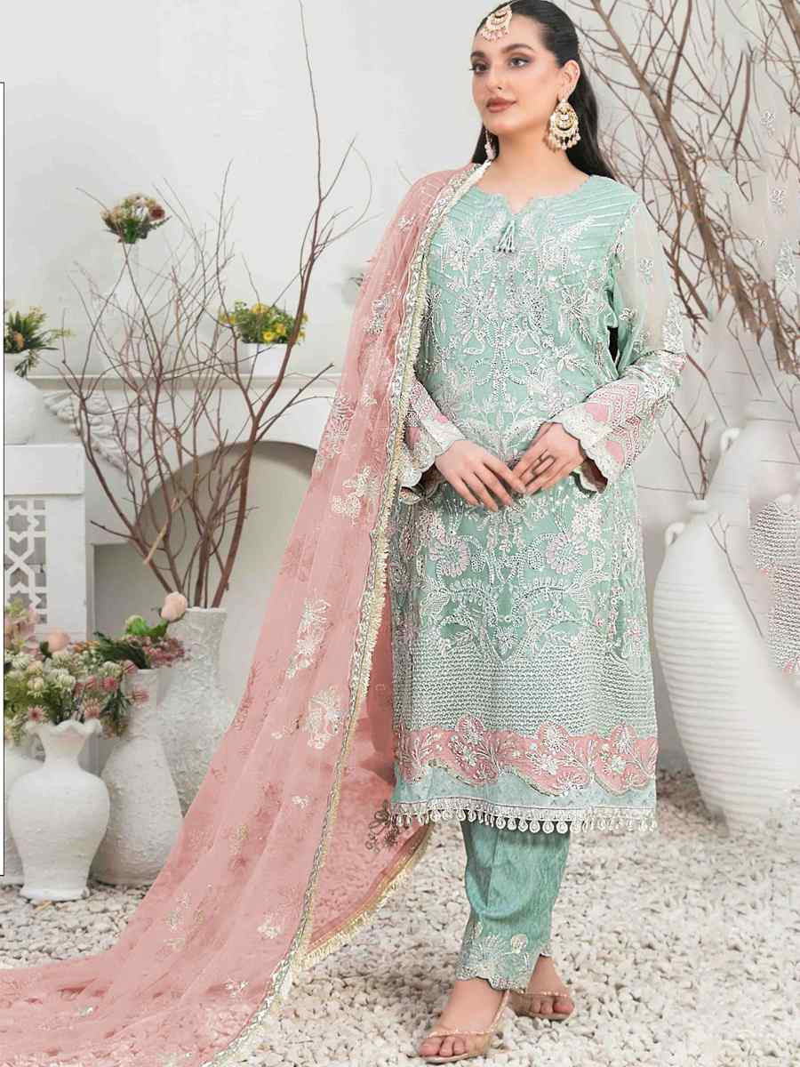 Sky Blue Organza Embroidered Festival Casual Pant Salwar Kameez