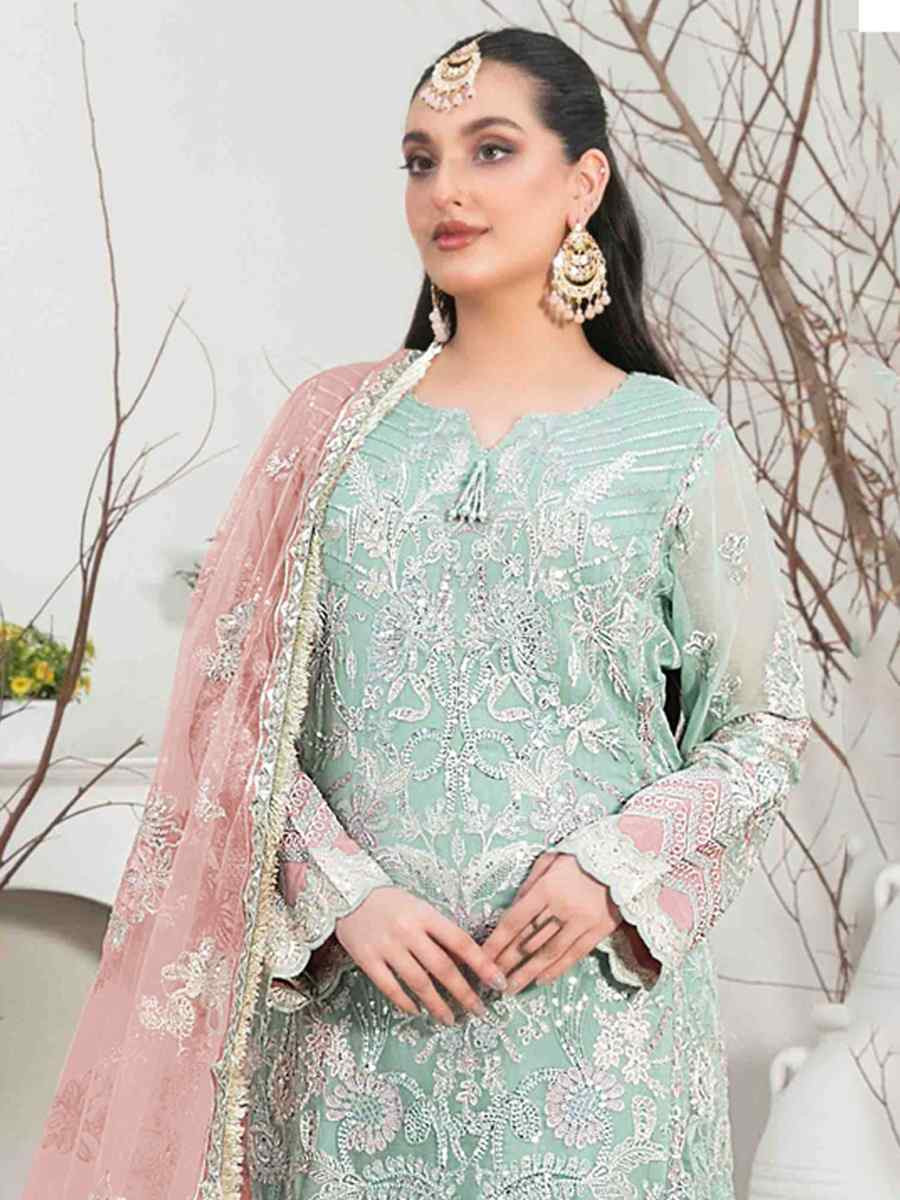 Sky Blue Organza Embroidered Festival Casual Pant Salwar Kameez