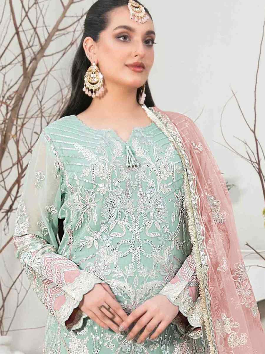 Sky Blue Organza Embroidered Festival Casual Pant Salwar Kameez