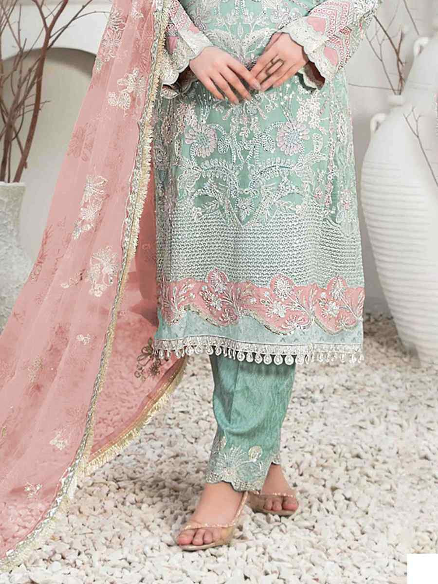 Sky Blue Organza Embroidered Festival Casual Pant Salwar Kameez