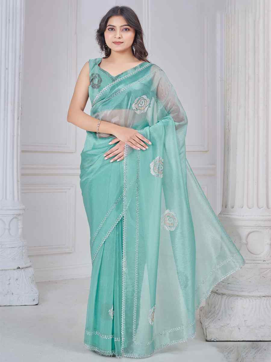 Sky Blue Organza Embroidered Festival Wedding Fancy Casual Contemporary Saree
