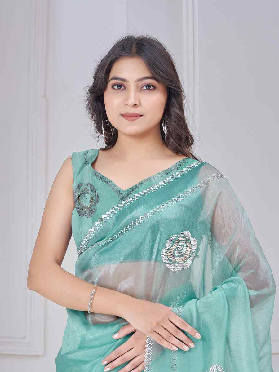 Sky Blue Organza Embroidered Festival Wedding Fancy Casual Contemporary Saree