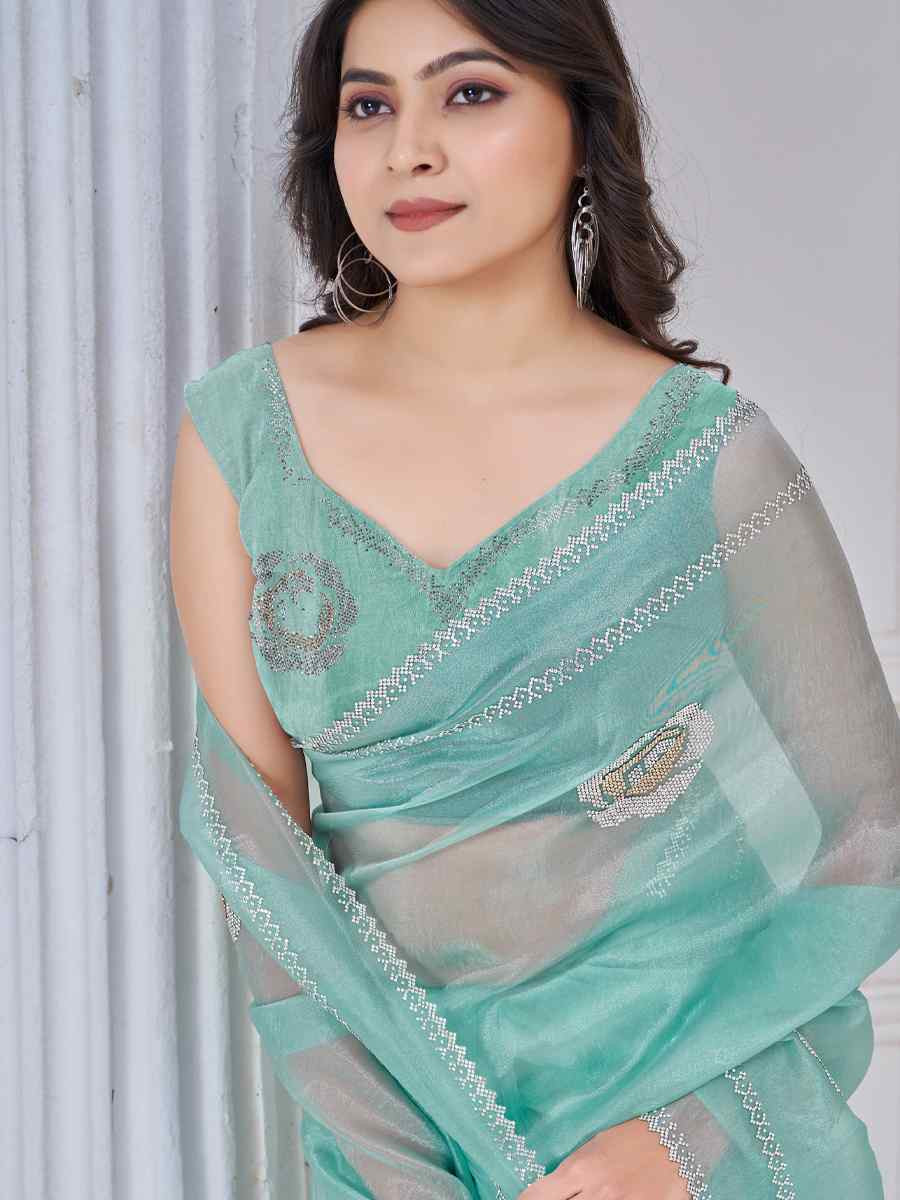 Sky Blue Organza Embroidered Festival Wedding Fancy Casual Contemporary Saree