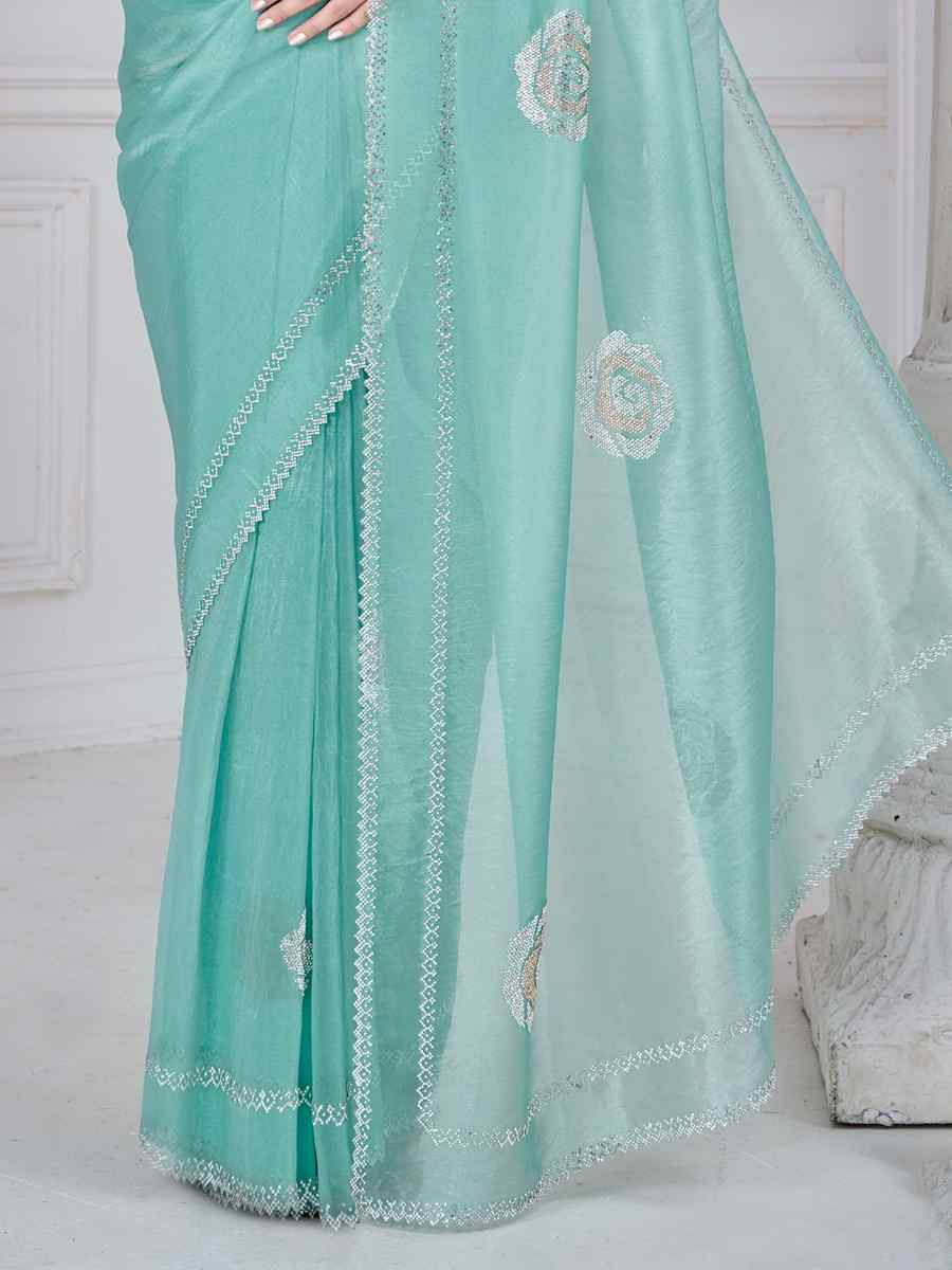 Sky Blue Organza Embroidered Festival Wedding Fancy Casual Contemporary Saree