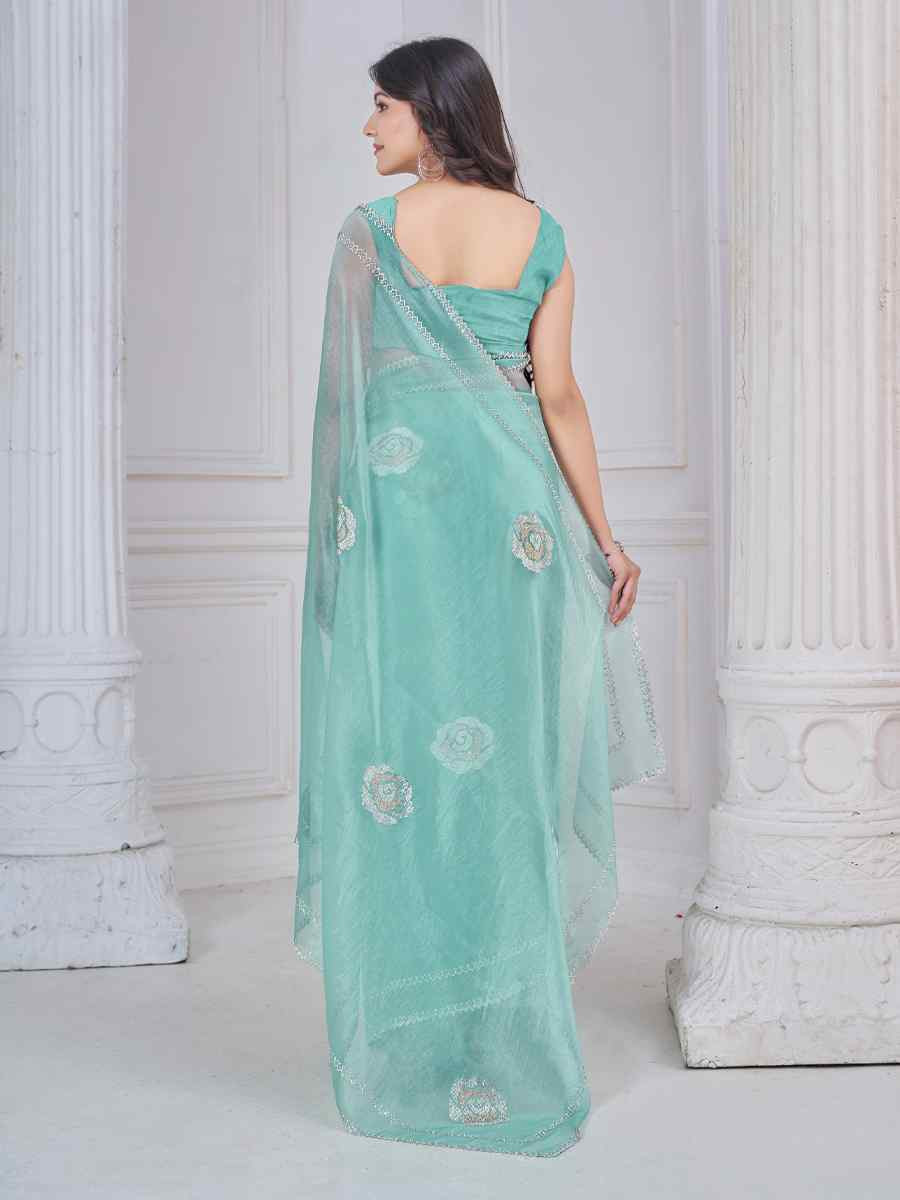 Sky Blue Organza Embroidered Festival Wedding Fancy Casual Contemporary Saree