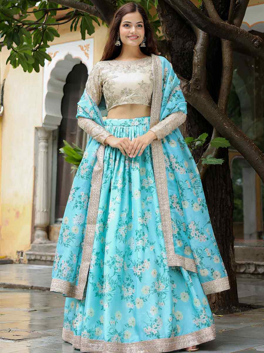 Sky Blue Organza Embroidered Festival Wedding Party Reception Heavy Border Lehenga Choli