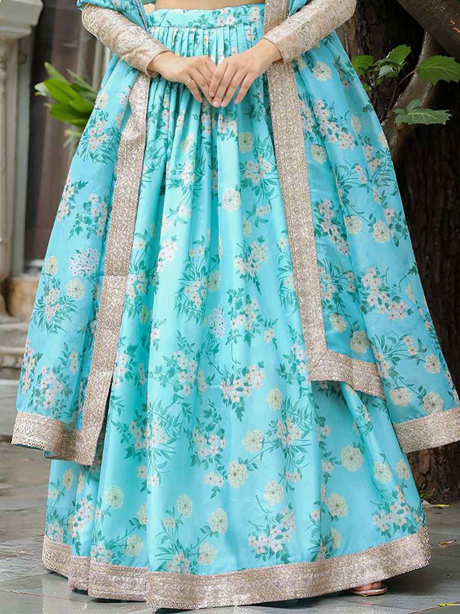 Sky Blue Organza Embroidered Festival Wedding Party Reception Heavy Border Lehenga Choli