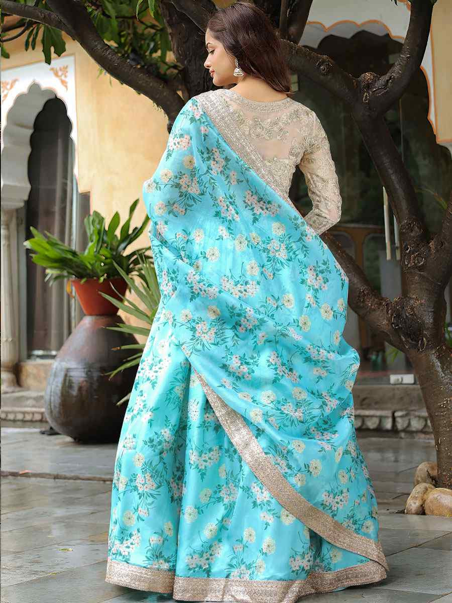 Sky Blue Organza Embroidered Festival Wedding Party Reception Heavy Border Lehenga Choli