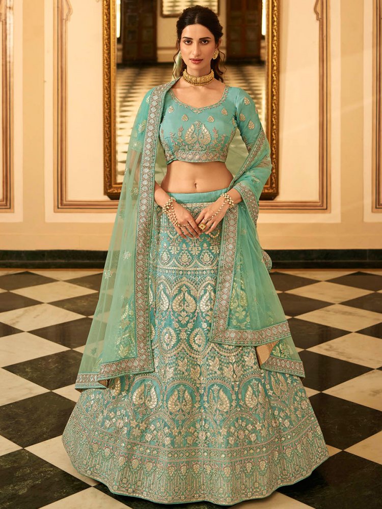 Sky Blue Organza Embroidered Wedding Lehenga Choli