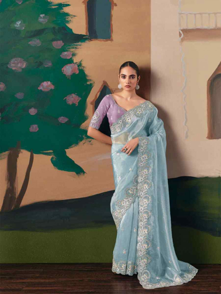 Image of Sky Blue Organza Embroidery Zari Bridal Reception Festival Wedding Fancy Heavy Border Saree