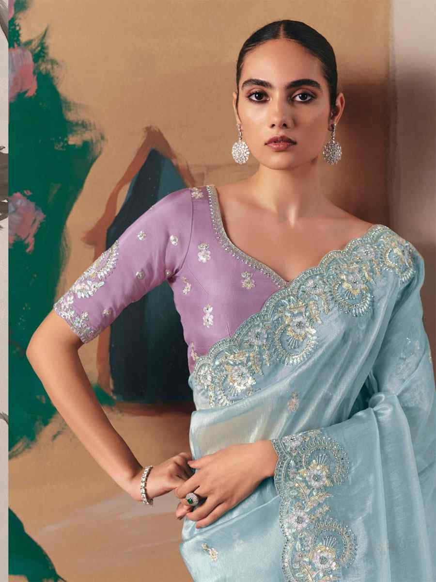 Sky Blue Organza Embroidery Zari Bridal Reception Festival Wedding Fancy Heavy Border Saree