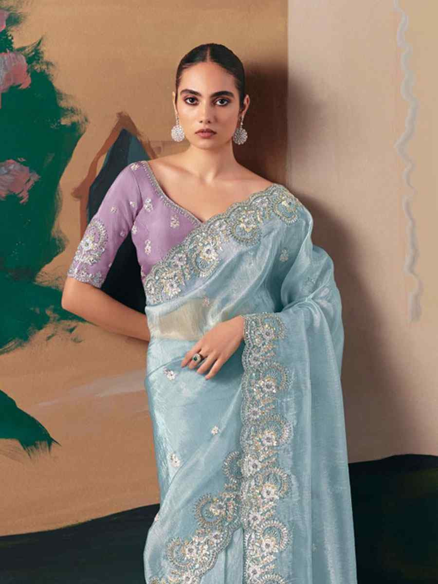 Sky Blue Organza Embroidery Zari Bridal Reception Festival Wedding Fancy Heavy Border Saree
