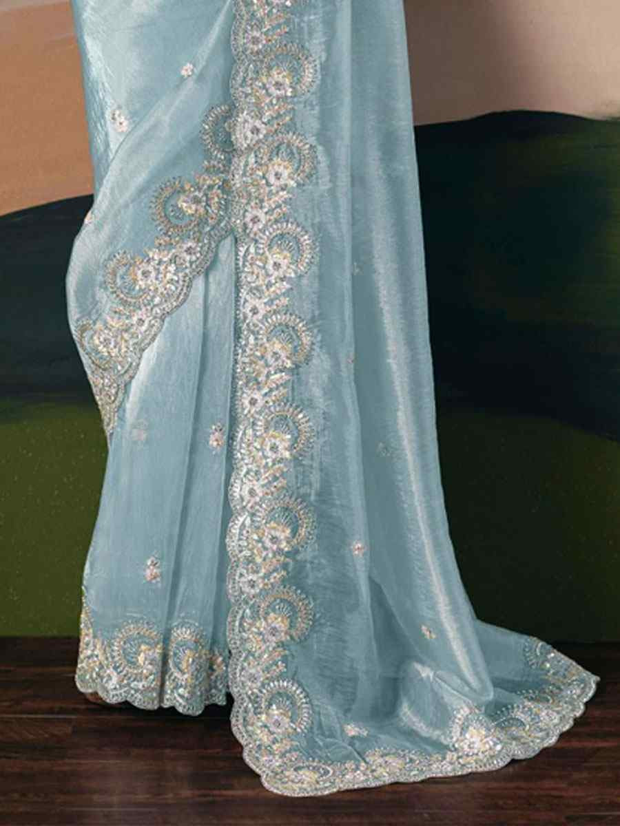 Sky Blue Organza Embroidery Zari Bridal Reception Festival Wedding Fancy Heavy Border Saree