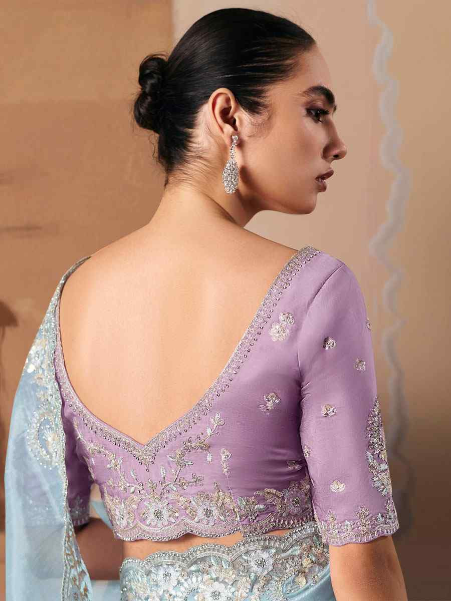 Sky Blue Organza Embroidery Zari Bridal Reception Festival Wedding Fancy Heavy Border Saree