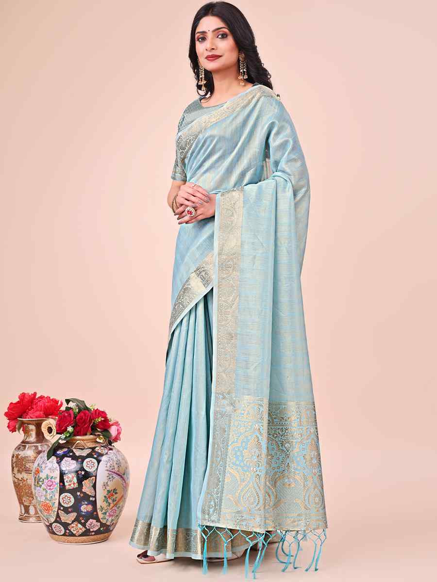 Sky Blue Organza Handwoven Festival Wedding Fancy Heavy Border Saree
