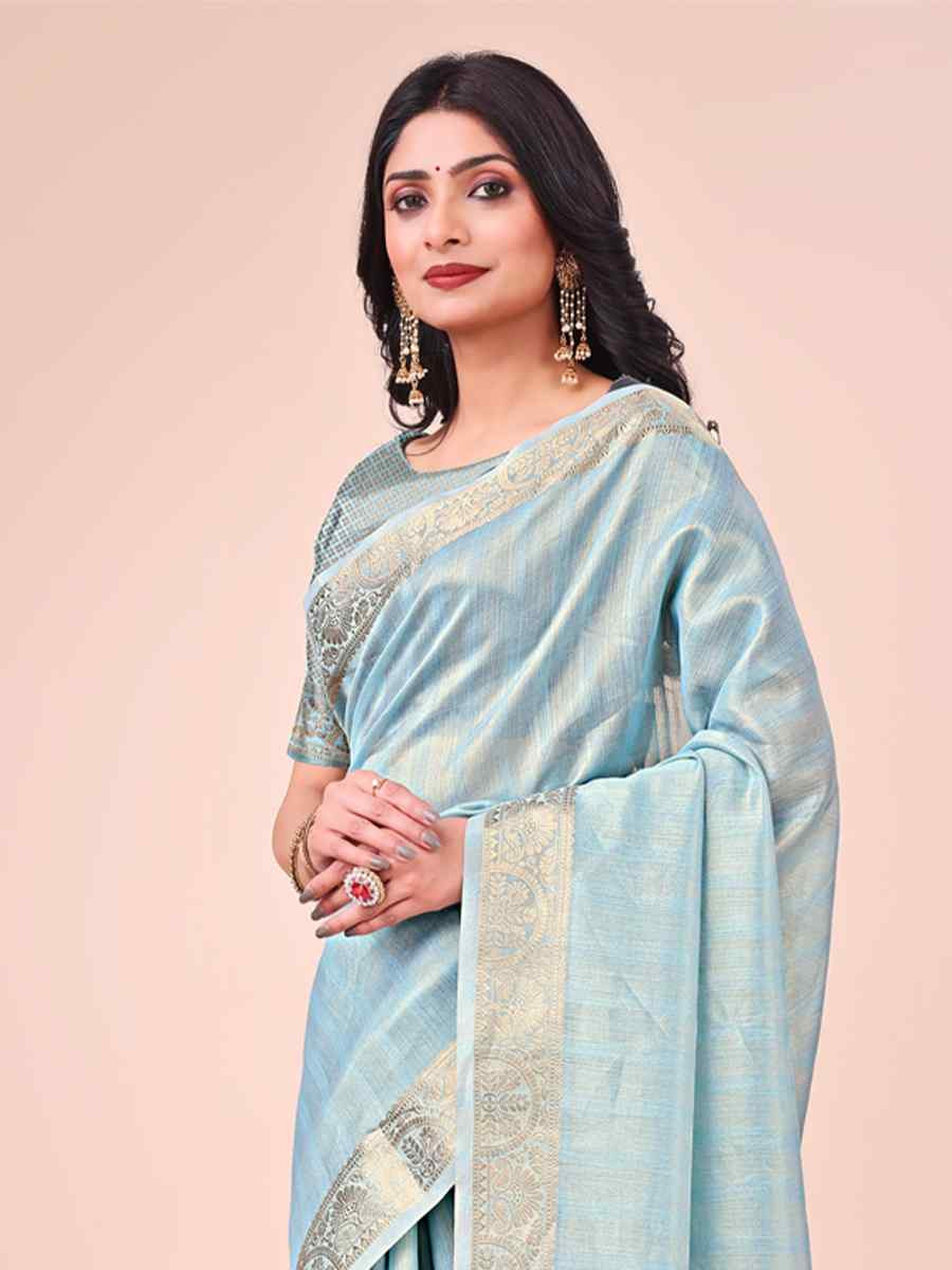 Sky Blue Organza Handwoven Festival Wedding Fancy Heavy Border Saree