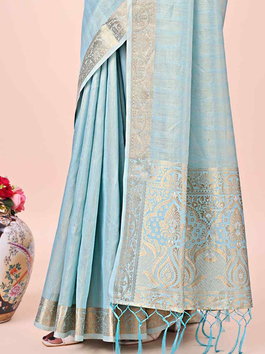 Sky Blue Organza Handwoven Festival Wedding Fancy Heavy Border Saree